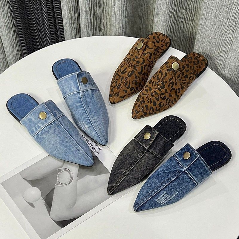 Denim cloth shoes, head slippers, flat sandals, pointed slippers, worn outside