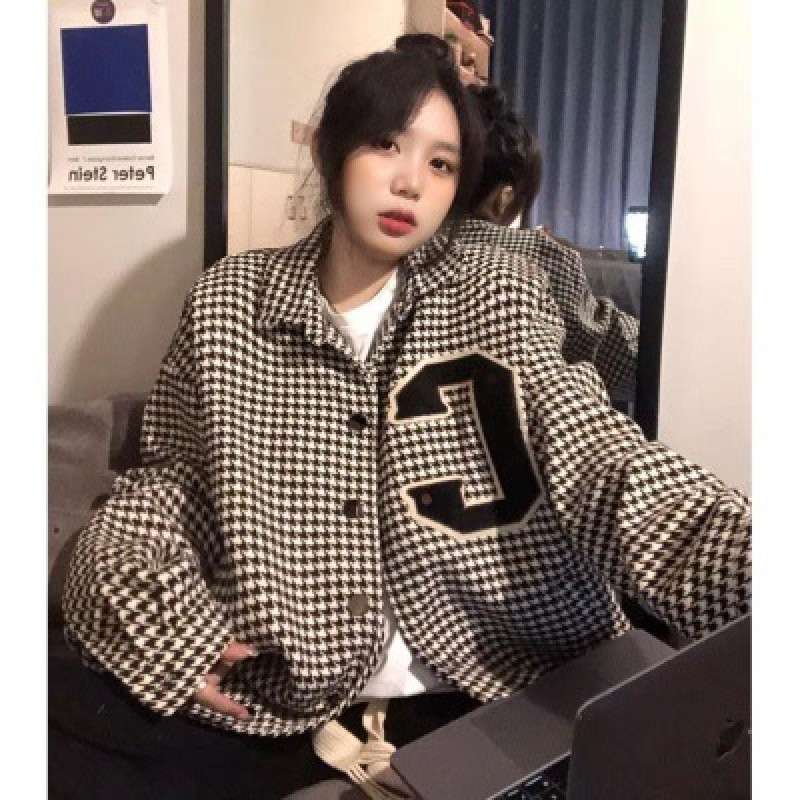 Jaket Kemeja Mantel Kerah Turun Bordir Huruf Houndstooth Retro Baru untuk Wanita