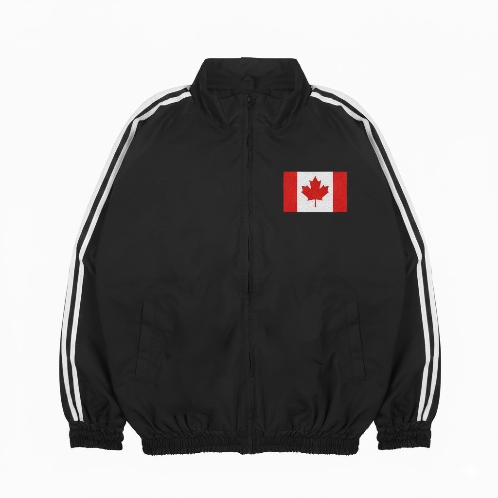 Edisi Piala Dunia 2026 - Tracktop Jacket Olahraga Sporty Outdoor Unisex Hitam List Putih Flag Canada