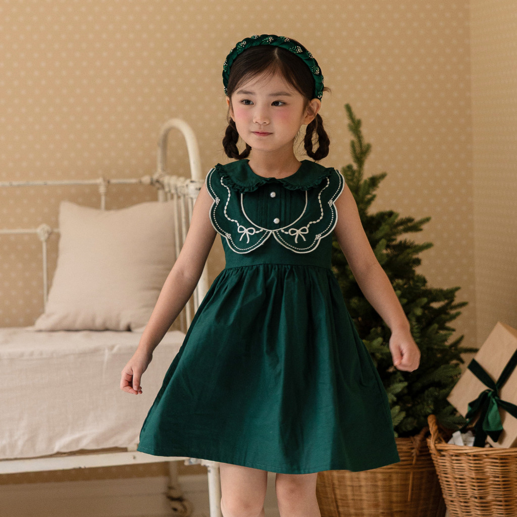 MOONJOY RACHEL DRESS - dress anak perempuan emerald green hijau embroidery motif bordir pita korean 