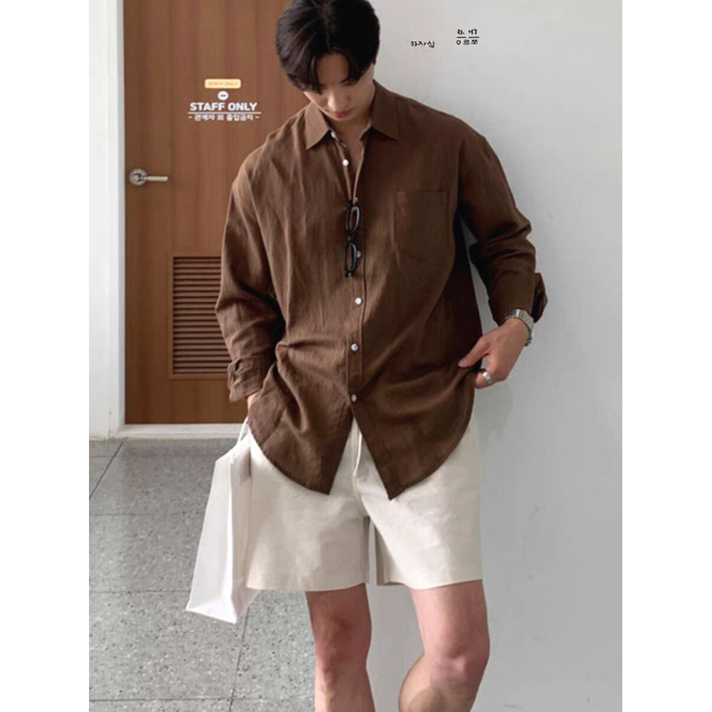 Kemeja Lengan Panjang Longgar Linen Bernapas Baru Pakaian Pria