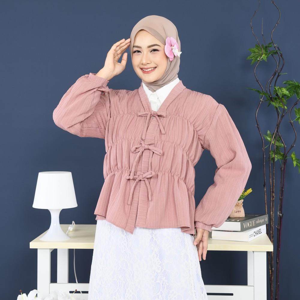 Myaffselv Cesya Outer Kerut tali Pita Outer Lengan Panjang Wanita Muslim Cardigan
