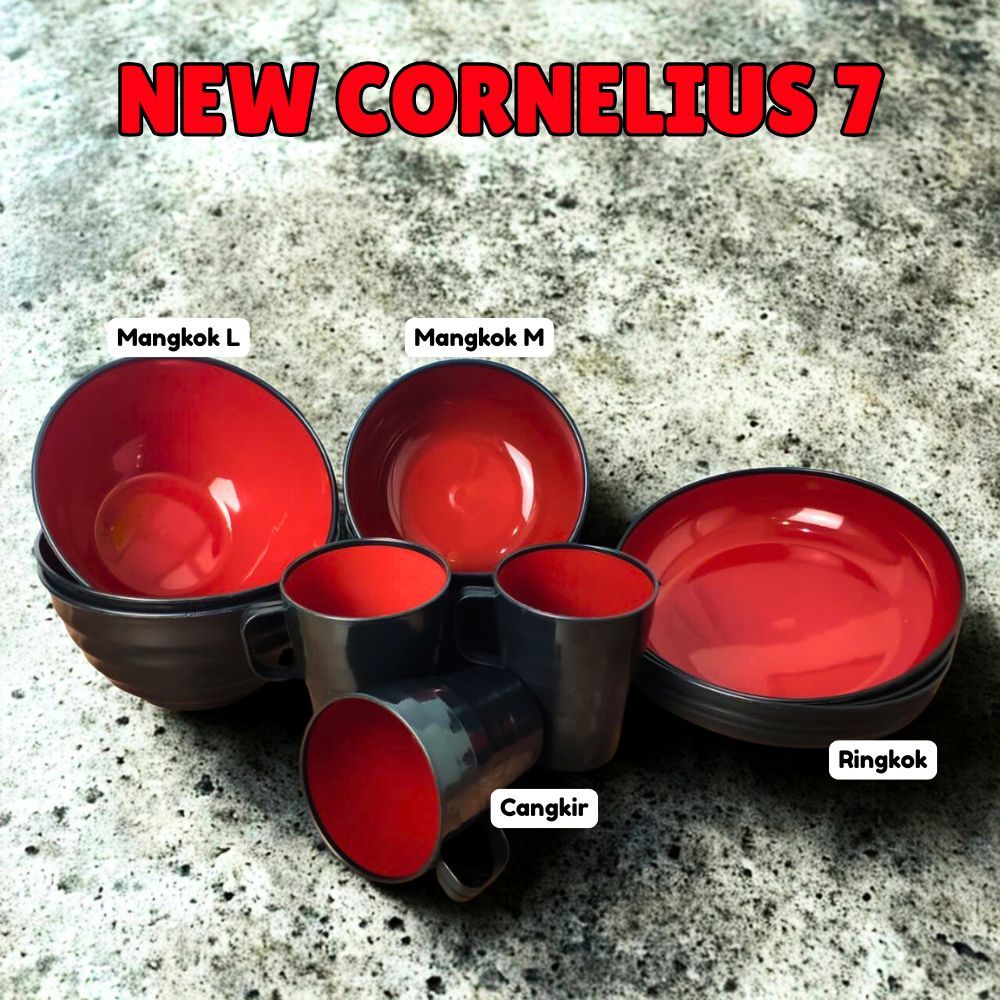 Dinner Set Plastik 12 Pcs HITAM MERAH | Piring Cangkir Mangkok M + L Gaya Jepang Minimalis PAKET COR