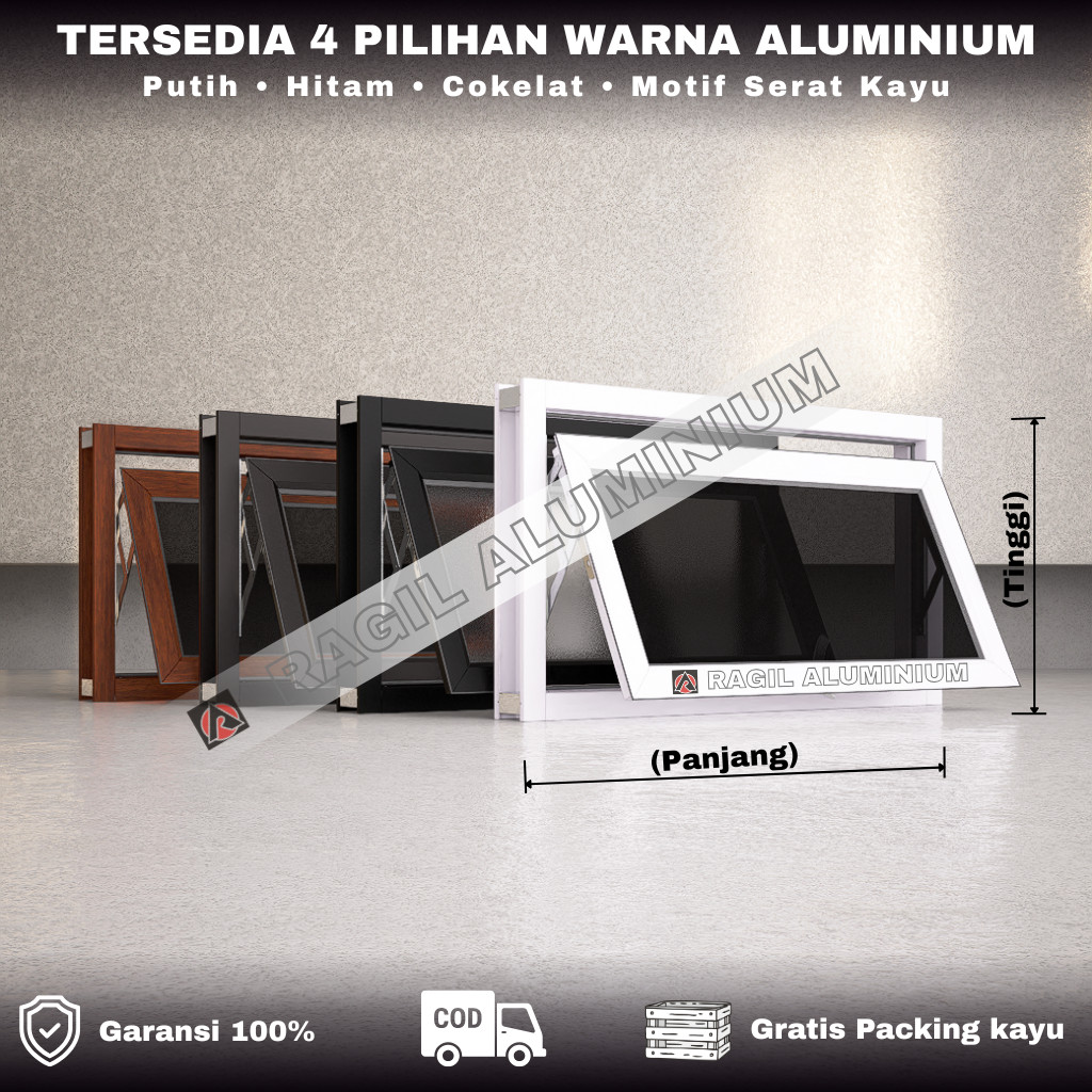 Jendela Aluminium Boven 1 Daun Jungkit Casement Polos Tinggi 50 cm x Panjang 80 cm (50x80)