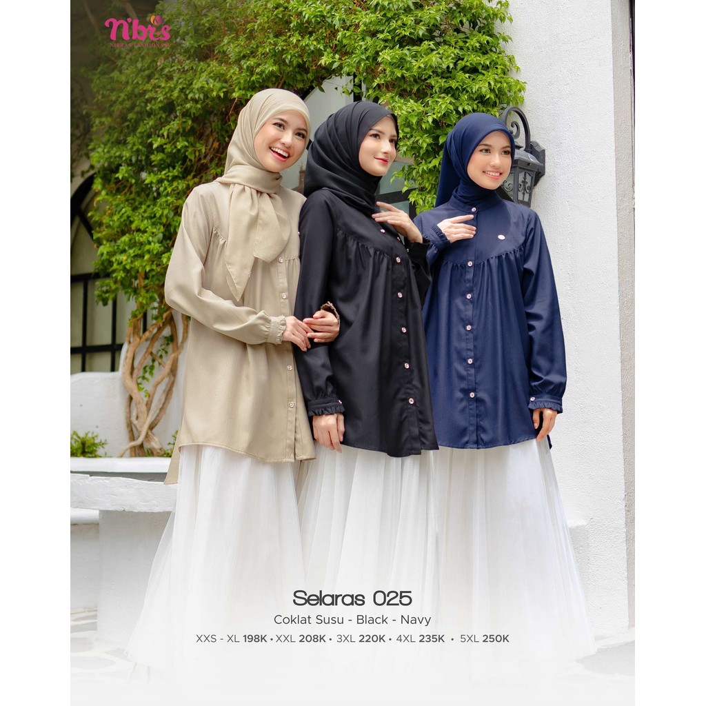 Nibras Selaras  025 Tunik Polos Wanita Lengan Panjang Black Coklat Susu Navy Busui Kerah Shanghai