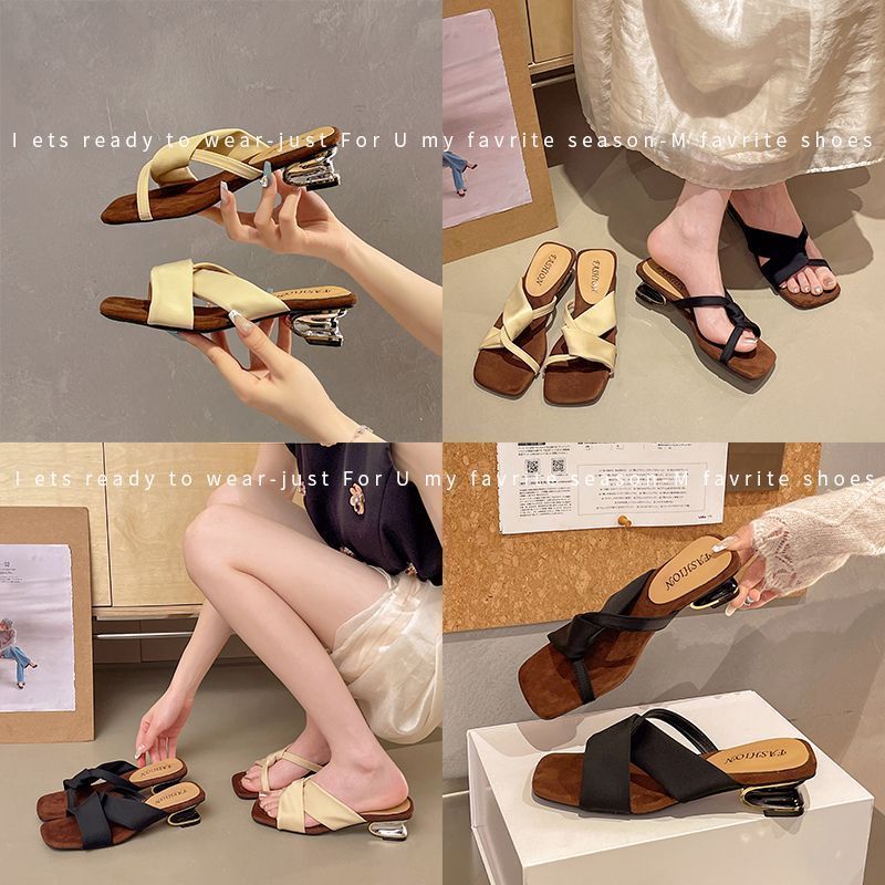 [COD] Sandal Satu Tali Wanita Ujung Kotak Hak Miring Tebal
