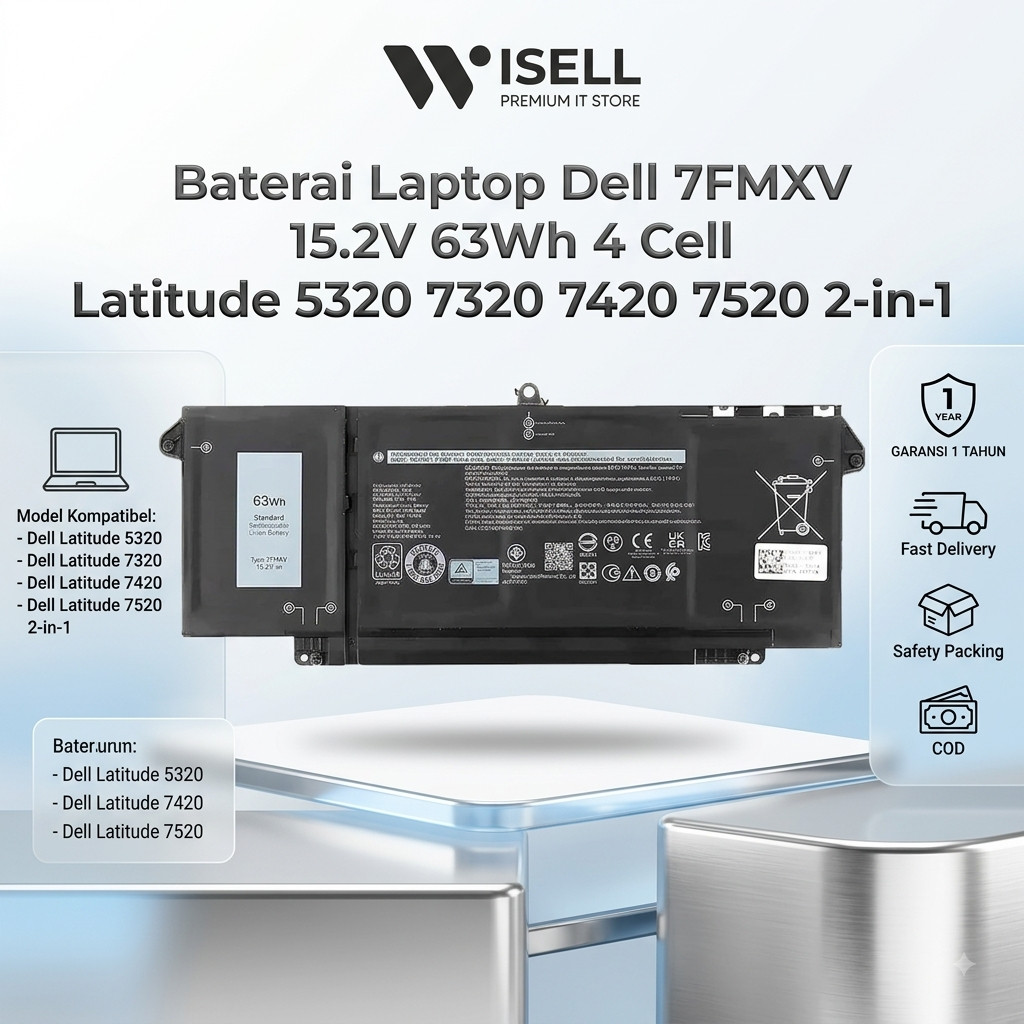 ORI Baterai Laptop 7FMXV for Latitude 5320 7320 7420 7520 Latitude 5320 2-in-1/7320 2-in-1/7420 2-in