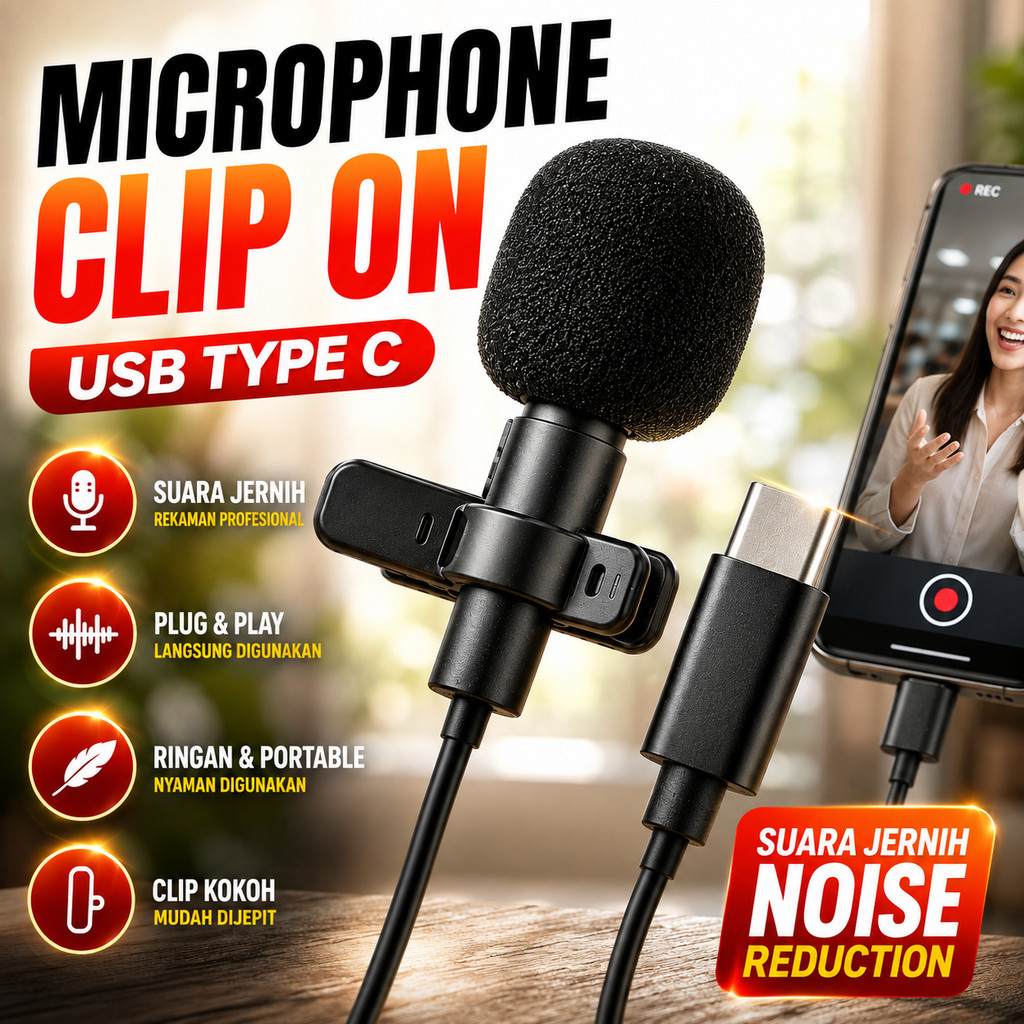 Microphone Clip On USB Type C Smartphone Lavalier Mic Plug Play Suara Jernih Vlog Interview Meeting 