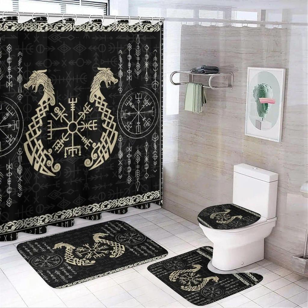 Norse Vikings 4 Pcs Waterproof Shower Curtain Set Abstract Dragon Retro Mystical Symbol Compass with