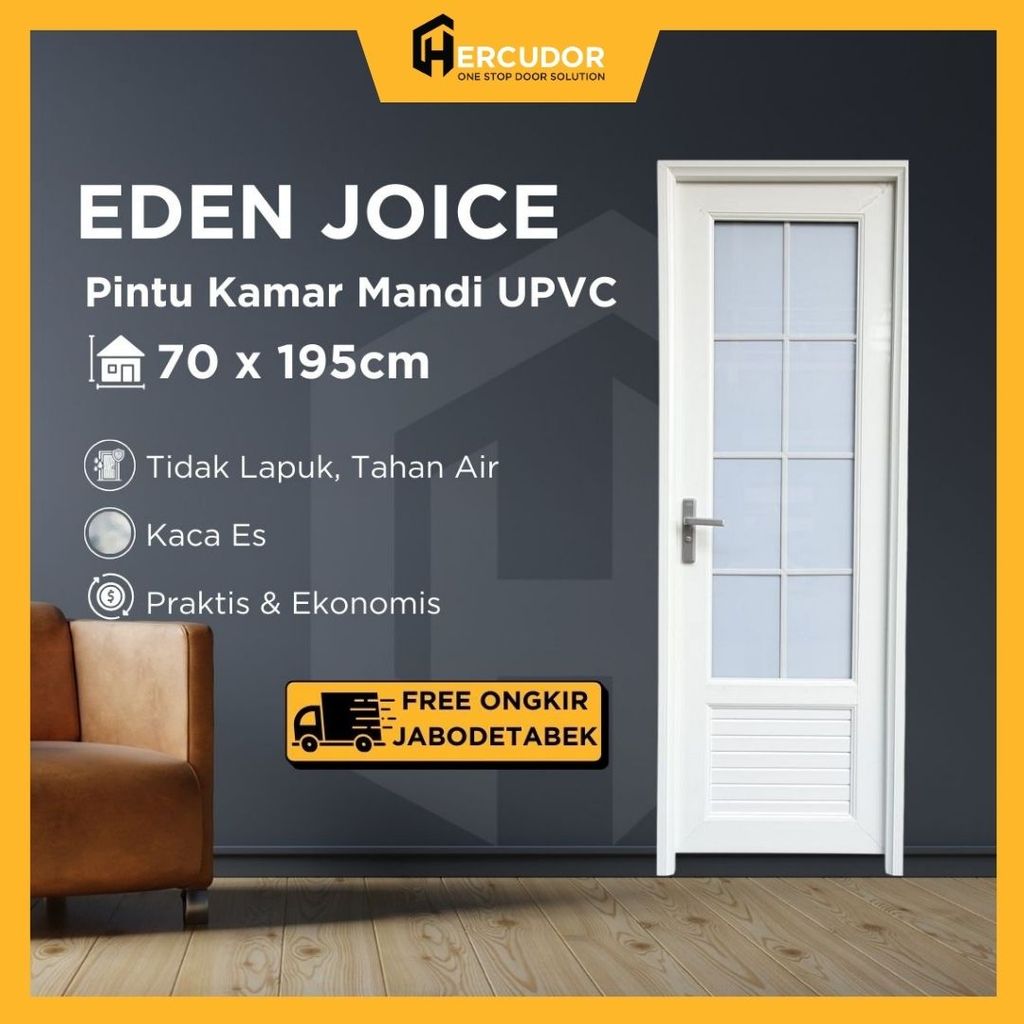 EDEN - Pintu Kamar Mandi UPVC Kaca Eden Joice 70x195 - Pintu Toilet Pintu WC Anti Lapuk Anti Air Ant