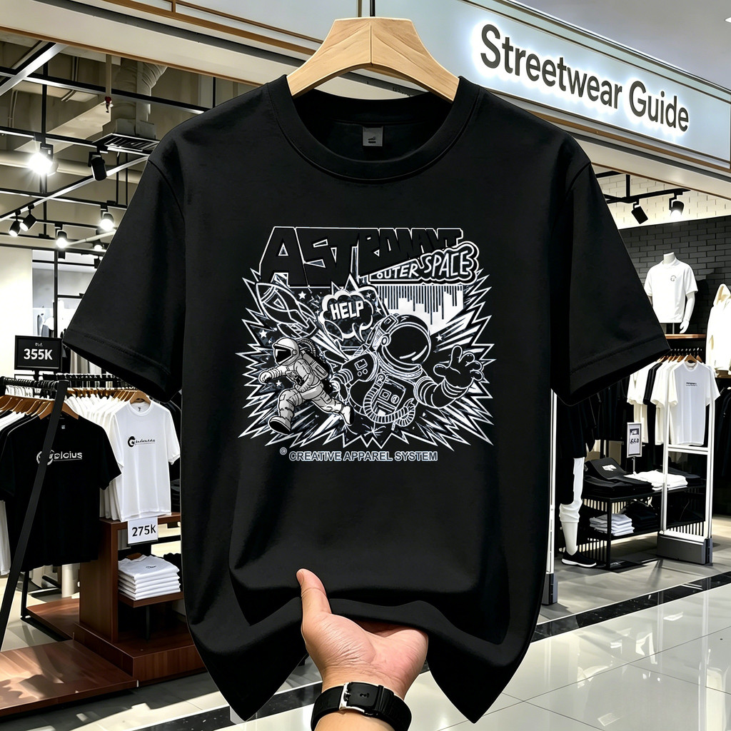 Kaos Astronaut Outer Space Warna Hitam Unisex Kaos Distro Motif Vintage Retro