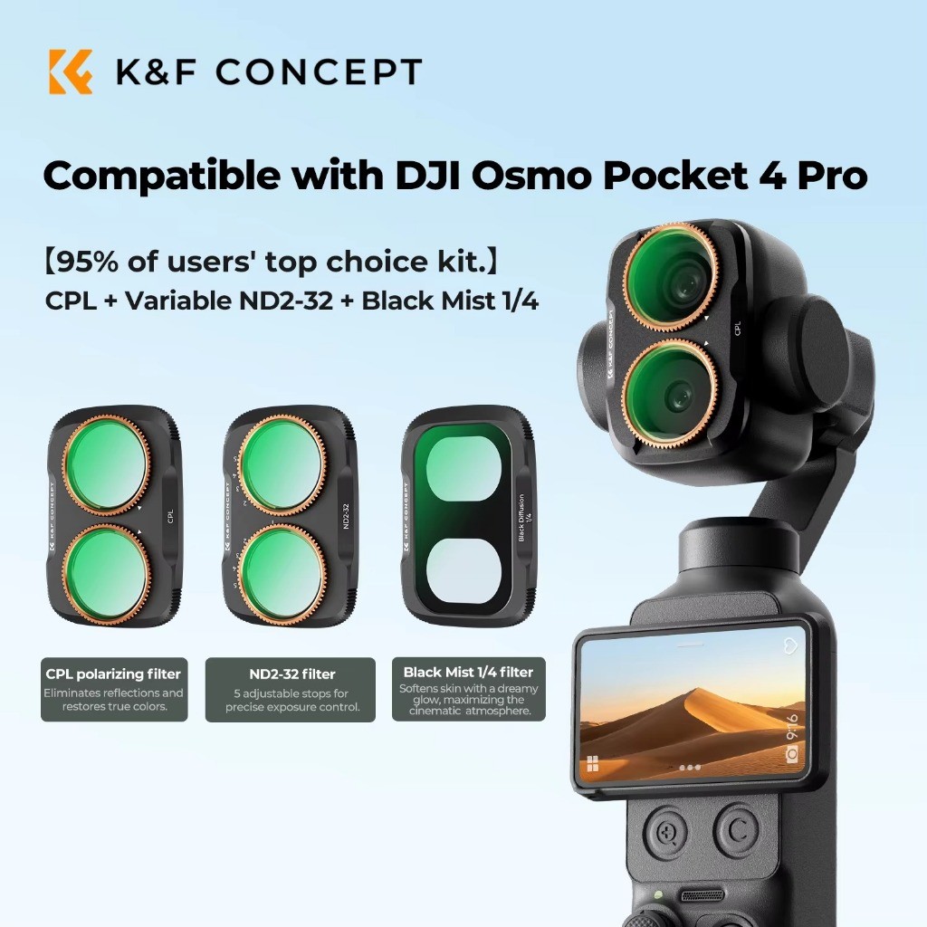 Kit Filter Lensa Logam KF Concept untuk DJI Pocket 4 Pro CPL / UV / Adjustable ND232 / Black Diffuse