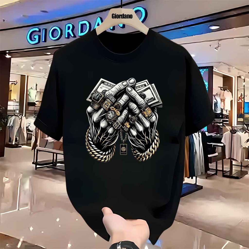Kaos Giordano Print Tangan Emas Uang Dolar Pria Wanita Lengan Pendek Katun Combed Premium Kaos Oblon