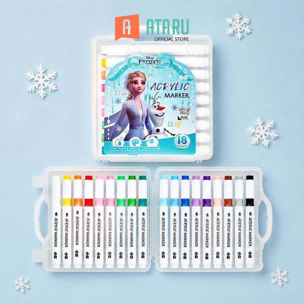 Ataru Disney Spidol Akrilik 18 Warna Brush Tip Frozen - Mix Marker Pen Pena Marker Felt Tip Spidol T