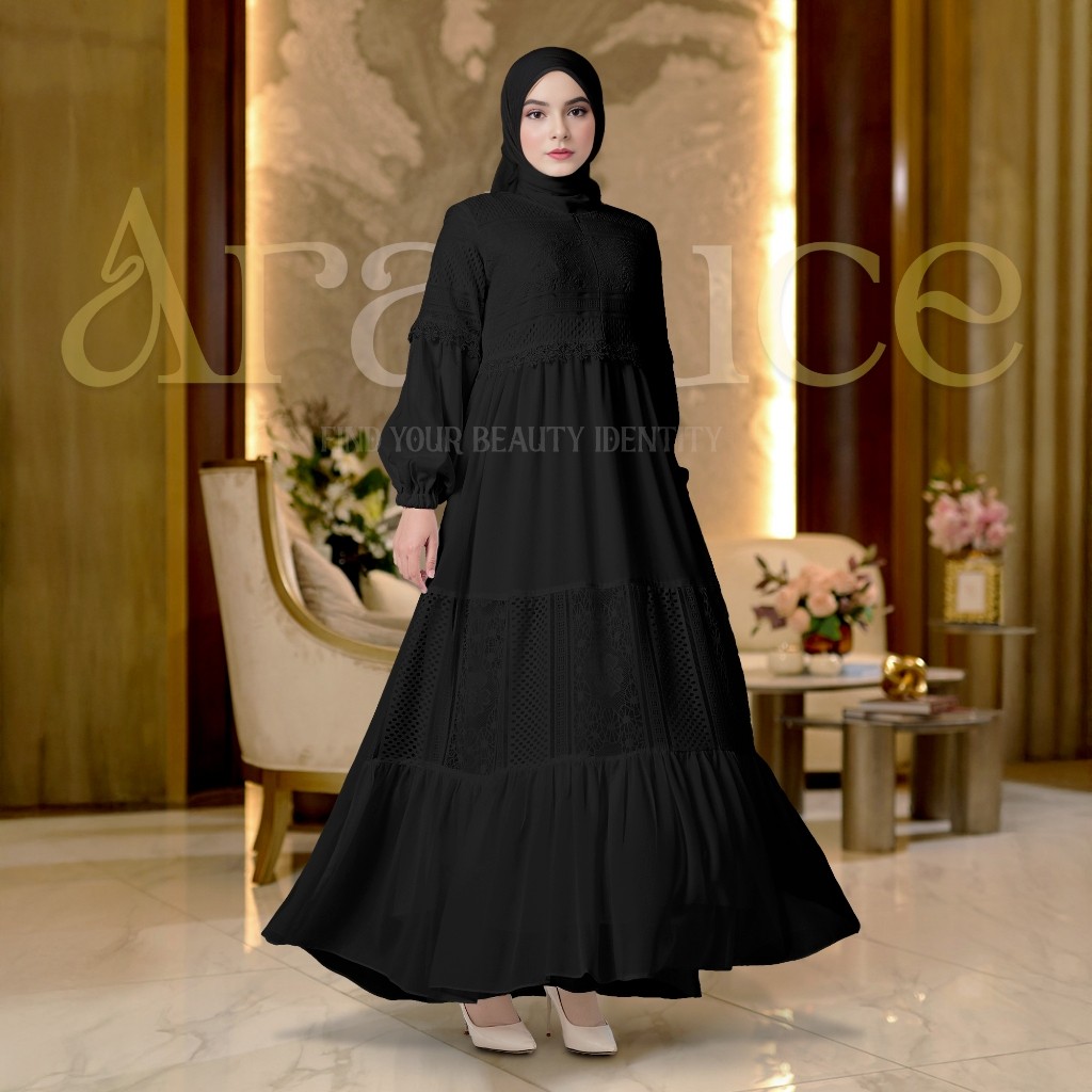 ES.COLD ARALLUCE • Gamis Brokat Hitam Mewah Elegan ARL-048 | Dress Kondangan Mewah Simpel untuk Rema