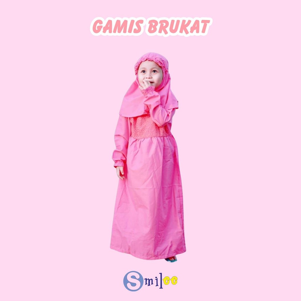 Gamis Kerudung Anak Aplikasi Brukat Pink Fanta Size 1-6 THN
