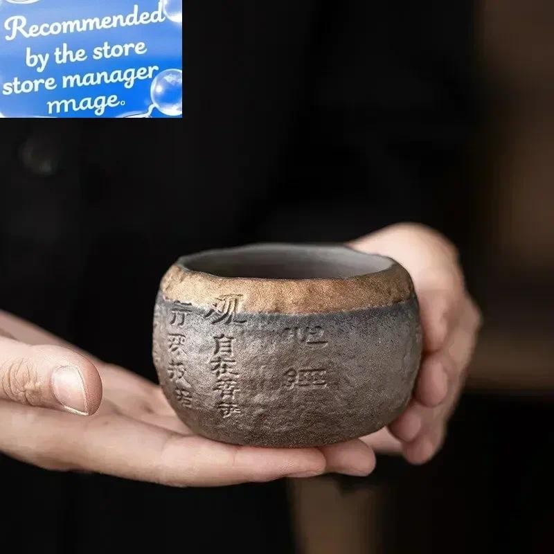 120ml Rough Pottery Handmade Relief Heart Sutra Zen Cup Ceramic Master Individual Single Cup Chinese