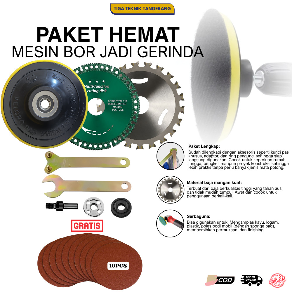 PAKET KOMPLIT BOR JADI MESIN POTONG AMPLAS GERINDA KAYU (40T) PAD AMPLAS(FREE AMPLAS BULAT 10PCS)