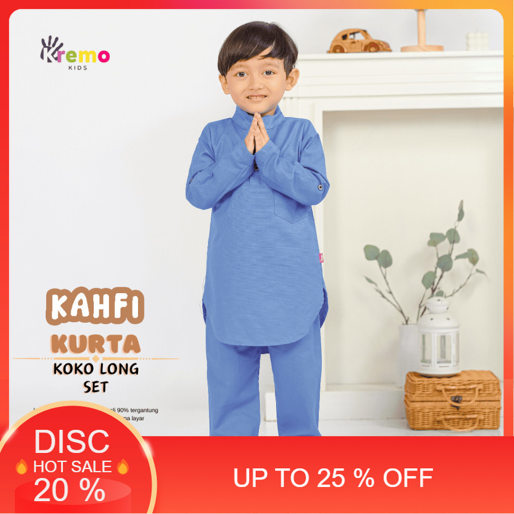 Kremo Kids - Baju Koko Kurta Panjang Anak Laki Laki Kahfi Series 1 - 12 Tahun (Blue)