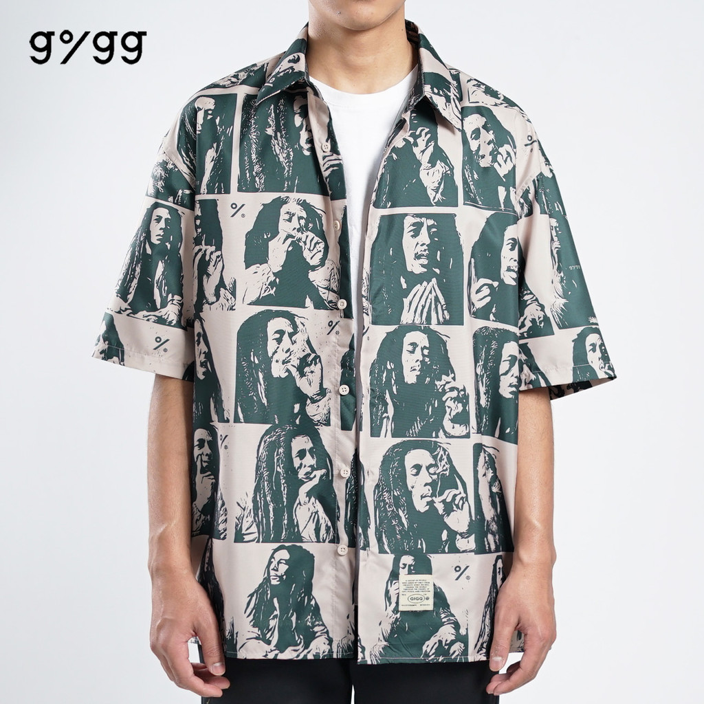 GIGG - Portrait - Cream Oversize Shirt - Kemeja Lengan Pendek Bob Marley - Baju Cowok - Atasan Pria