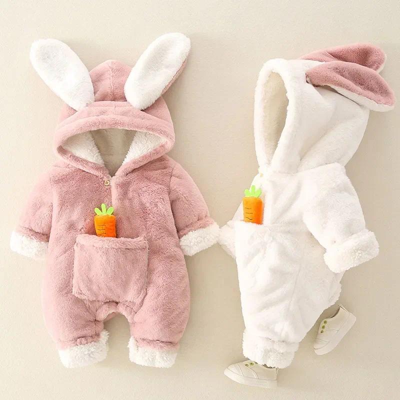 Baby Rompers Winter Warm Coral Fleece Newborn Baby Girl Clothes Cartoon Rabbit Coats Infant Jumpsuit