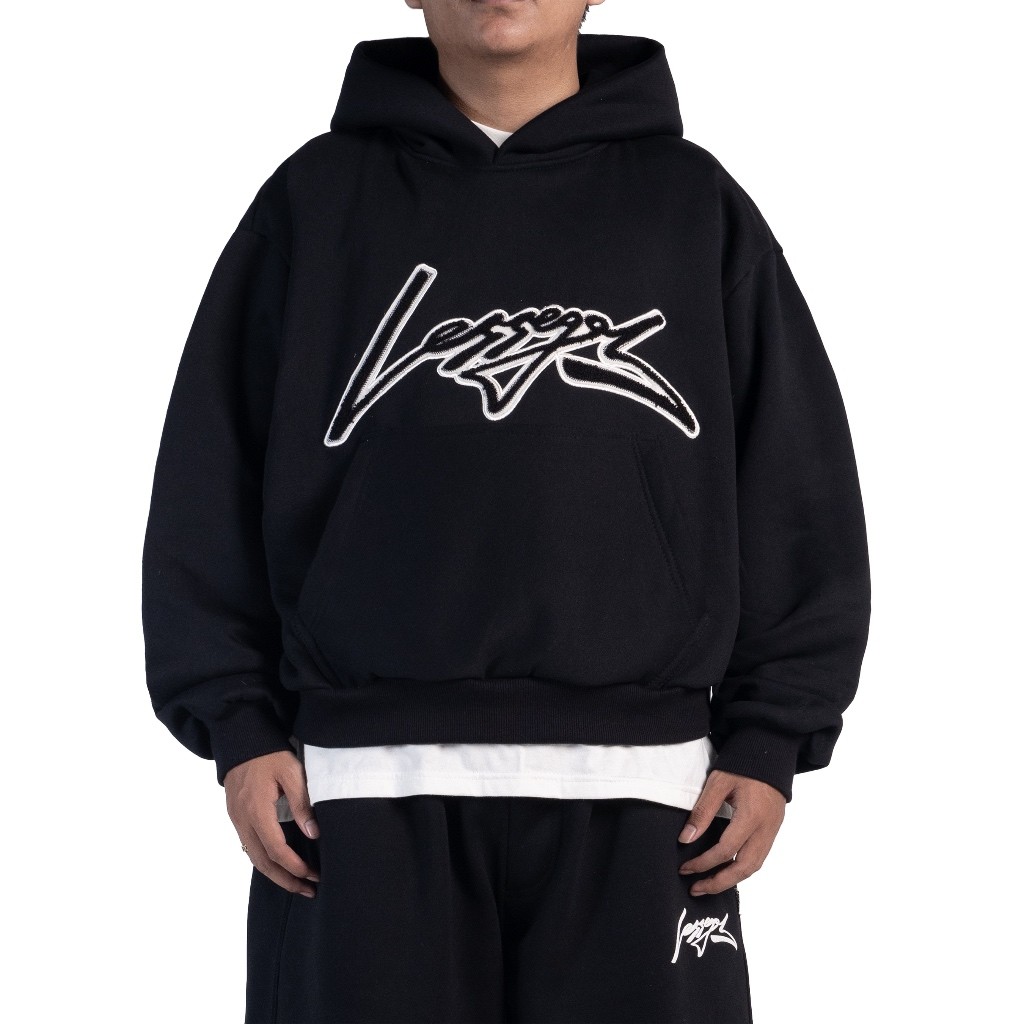 Lessegos Hoodie Boxy Fit Cyclone Embroidery Hitam 330 GSM