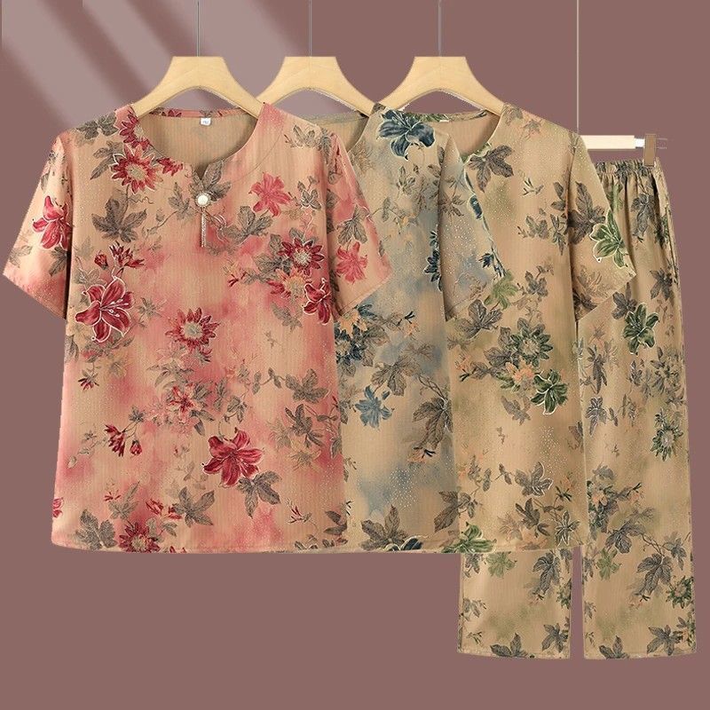 Ibu tua musim panas ibu pakaian lengan pendek pakaian gaya nenek dua set pakaian musim panas
