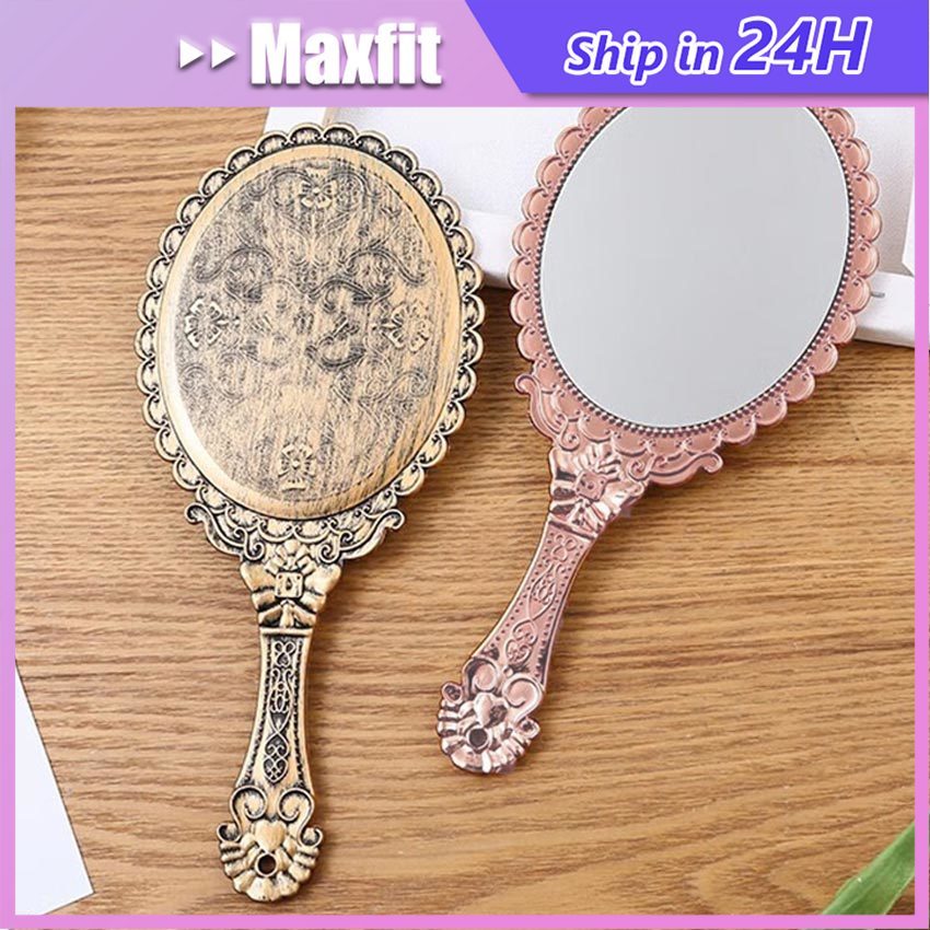 Retro Cermin Genggam Cermin Rias Kosmetik Portabel Bulat Oval Vintage Dengan Motif Ukir Kaca Mirror 