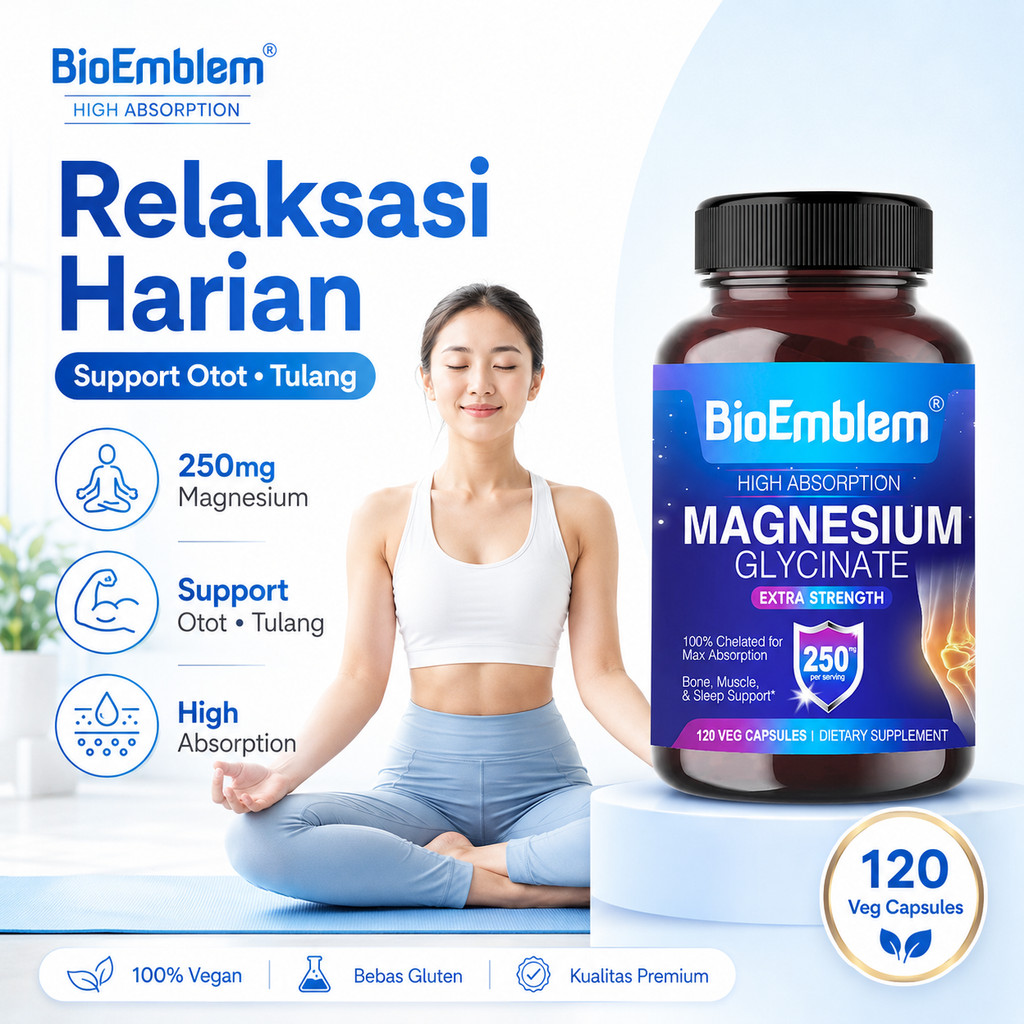 BioEmblem Magnesium Glycinate 120 Kapsul Suplemen Magnesium Premium Untuk Tubuh Lelah