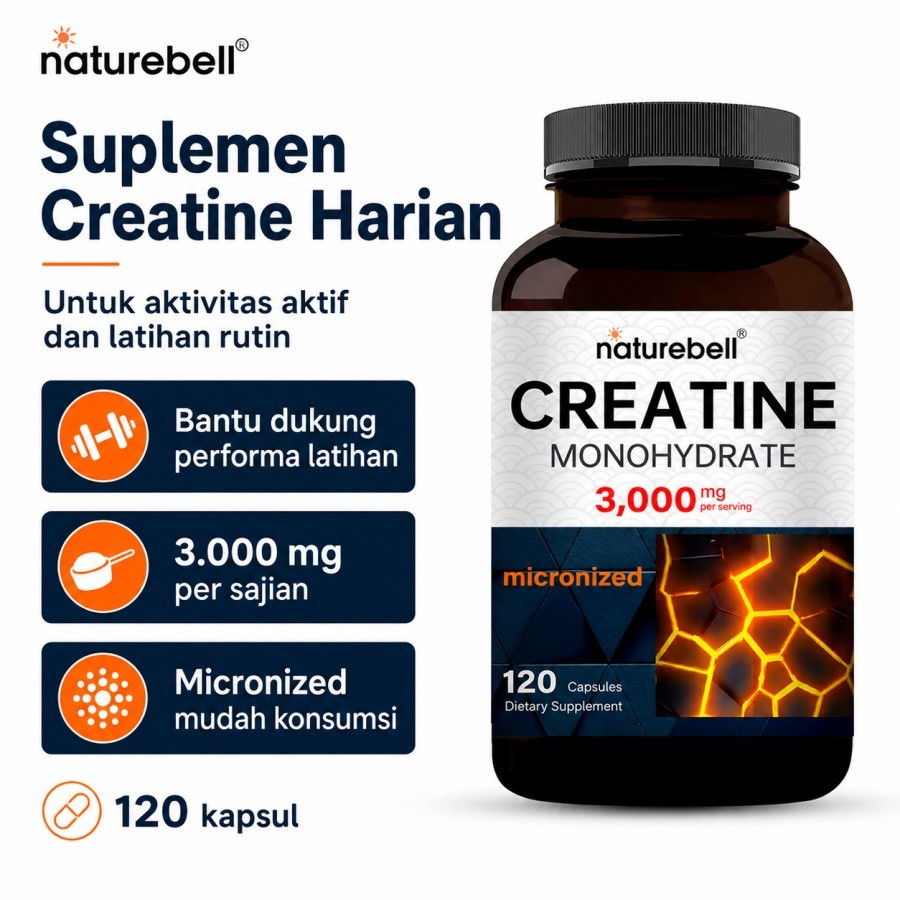 Naturebell Creatine 120 Capsules 3000mg Suplemen Kreatin Monohydrate Micronized untuk Gym Fitness Wo