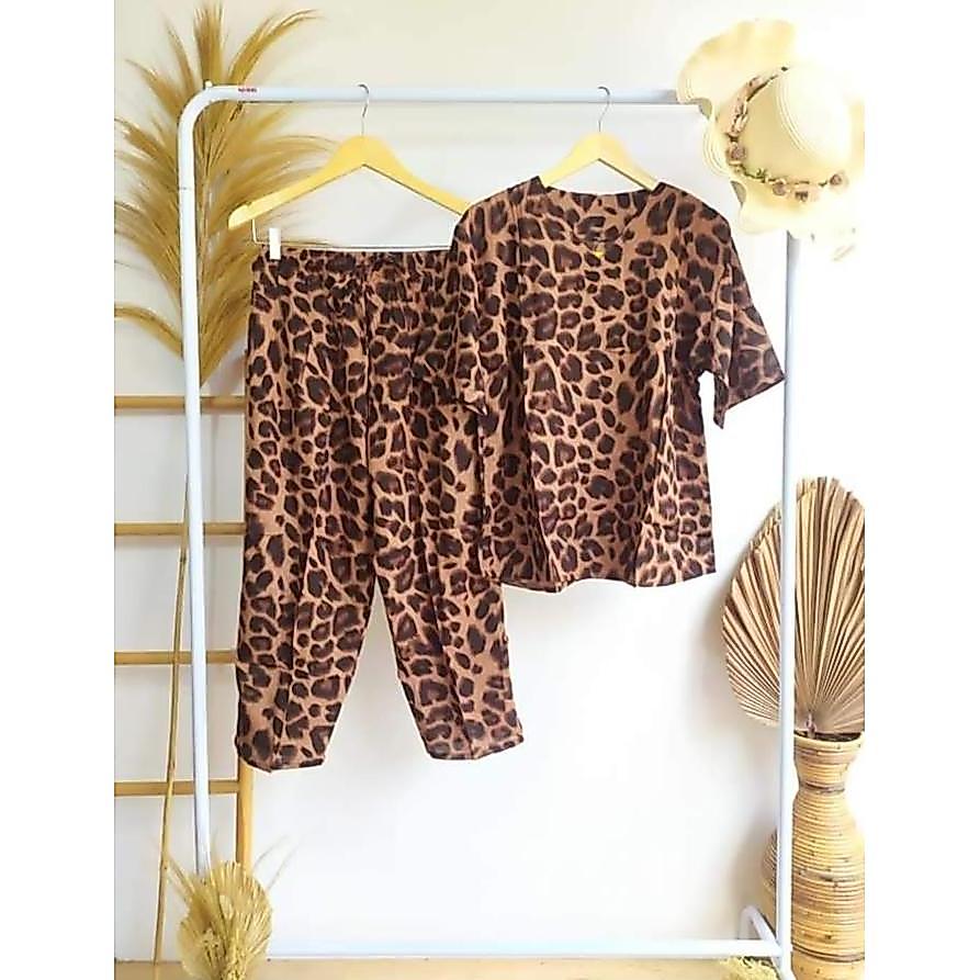 Definies - One Set Rayon Setelan Wanita Motif Macan Setcel Leopard Lengan Pendek