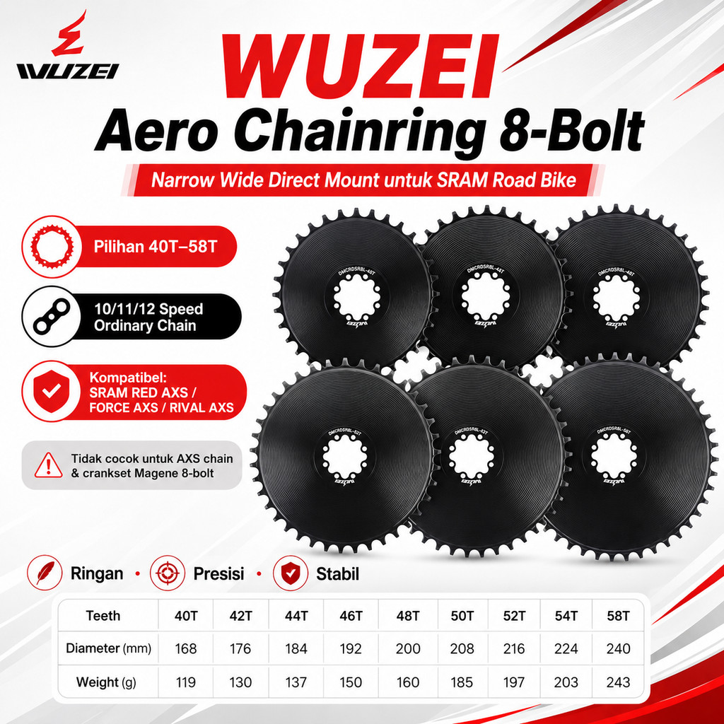 WUZEI Aero Chainring 8 Bolt Baut Narrow Wide for SRAM Force Rival Mount Sepeda Crank Direct Road Bik