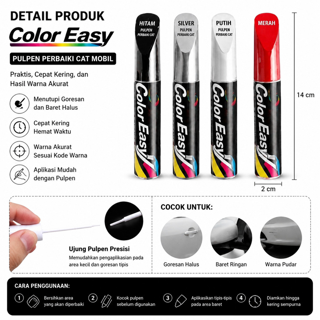 Color Easy Touch up Paint Pen Cat Spidol Penghilang Penutup Baret Lecet Tergores Mobil Motor Car Paint Pen diy Car Paint damage Scratch Repair Pulpen Dan Kuas 12ml Hitam Putih Silver Biru Merah Cat Oles Body Motor Mobil Permanen Coloreasy TouchUpPen