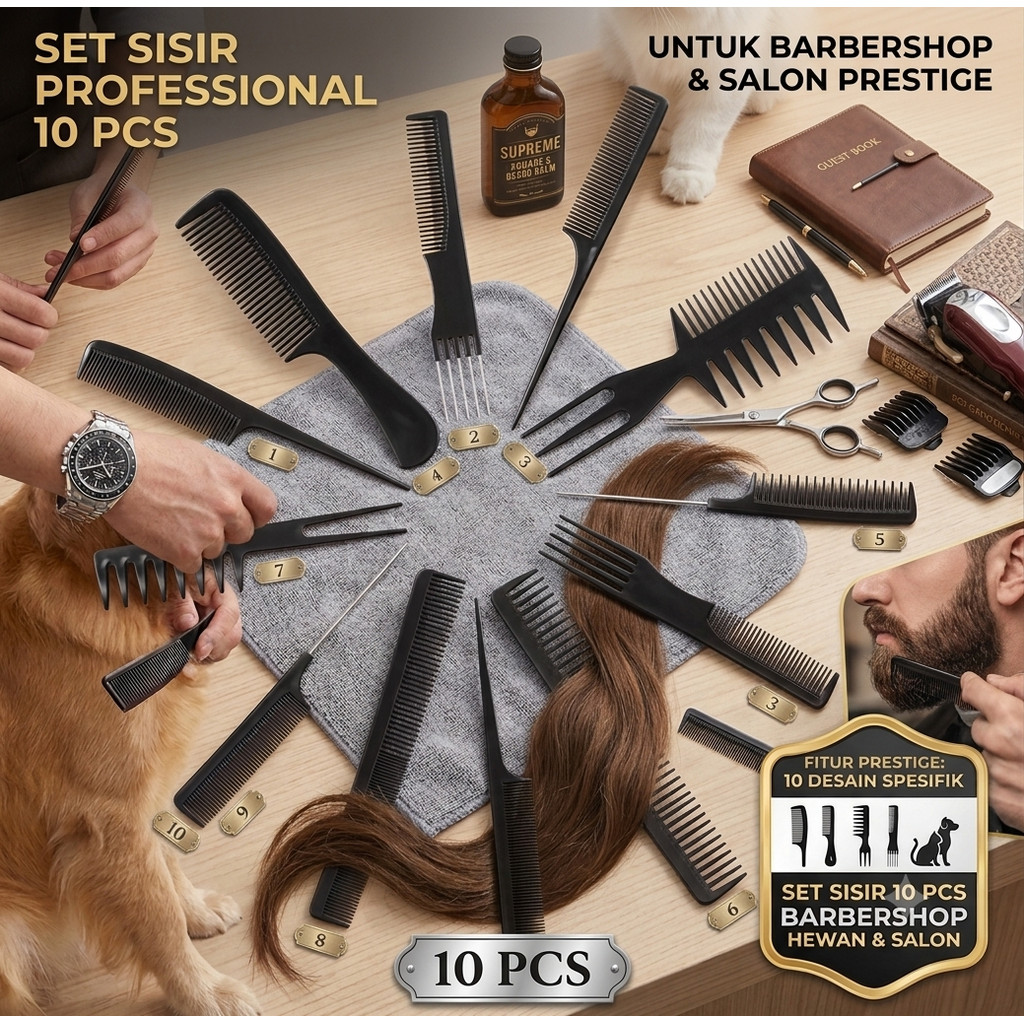 Set isi 10 Pcs Sisir Rambut Bulu Barbershop Salon Hewan Anjing kucing