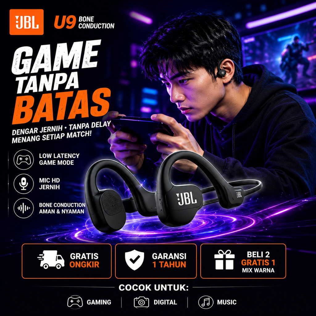 [2026version]JBL U9 Nirkabel Bone Conduction Earphone BT5.2/IPX55, Low Latency Earphone Konduksi Tul