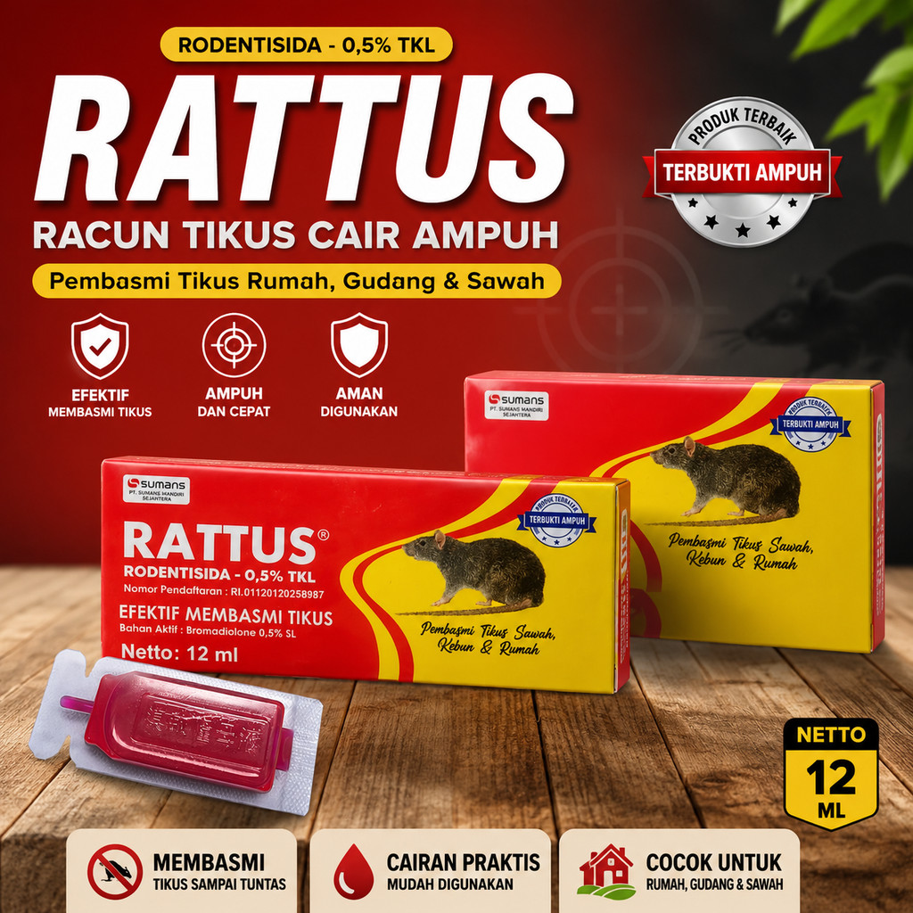 RATTUS Racun Tikus Cair 12ml Ampuh – Pembasmi Tikus Rumah, Gudang & Sawah