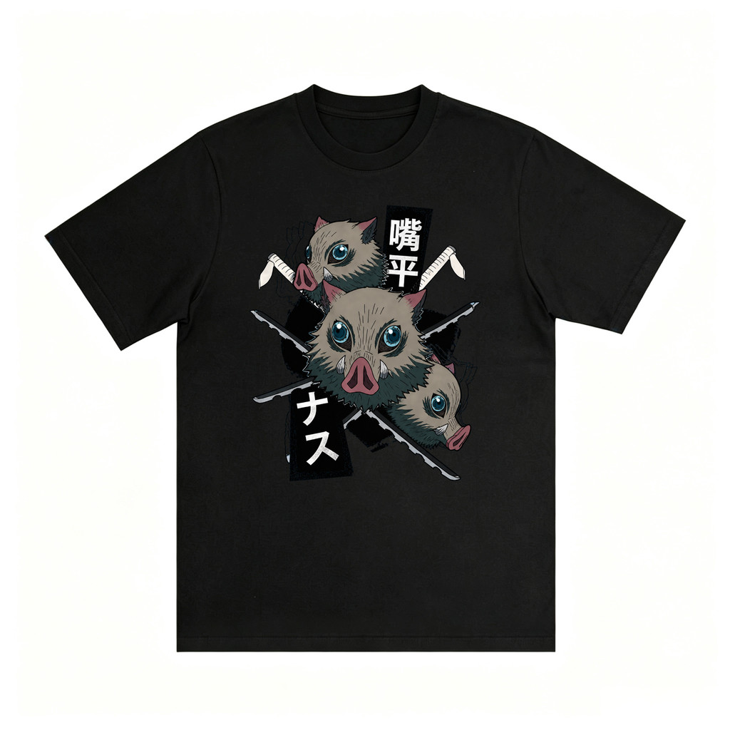 Kaos Oversize Unisex Motif Inosuke Hashibira Demon Slayer Desain Kepala Topeng Babi Silang Pedang Ni