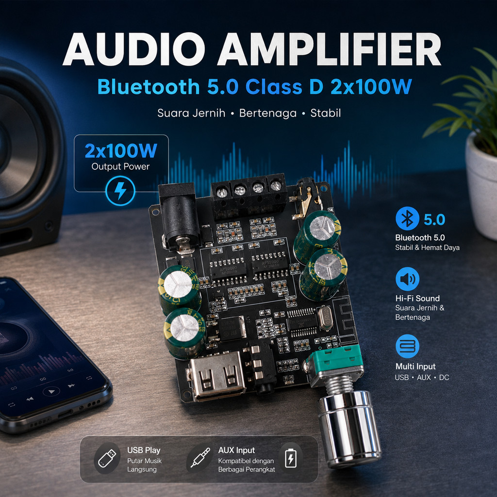 Sinilink XINYI Audio Amplifier Bluetooth 5.0 Class D 2x100W - XY-C100L