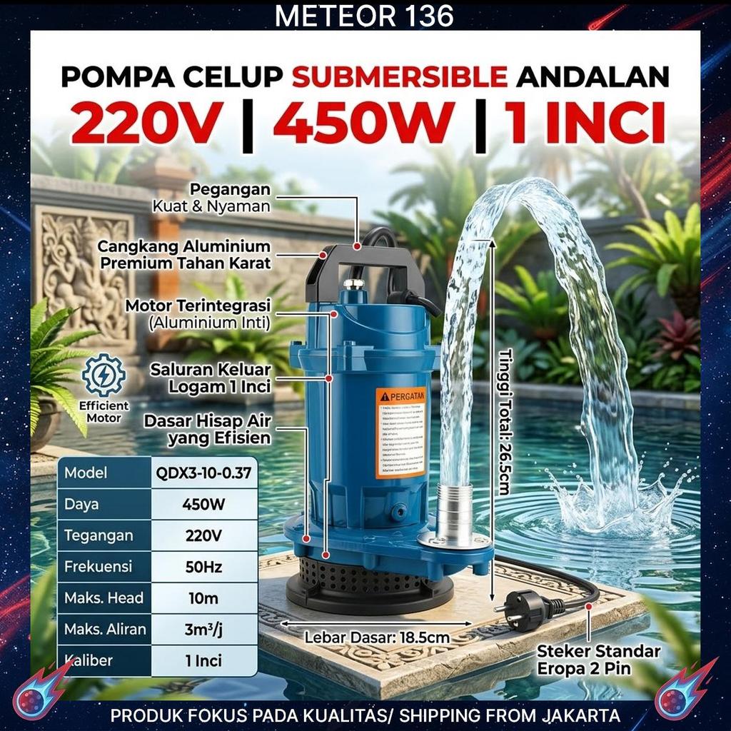 Pompa Air Celup QDX 220V 450W 1 Inci - Pompa Submersible Air Bersih Kolam Ikan Sumur Sawah Drainase 