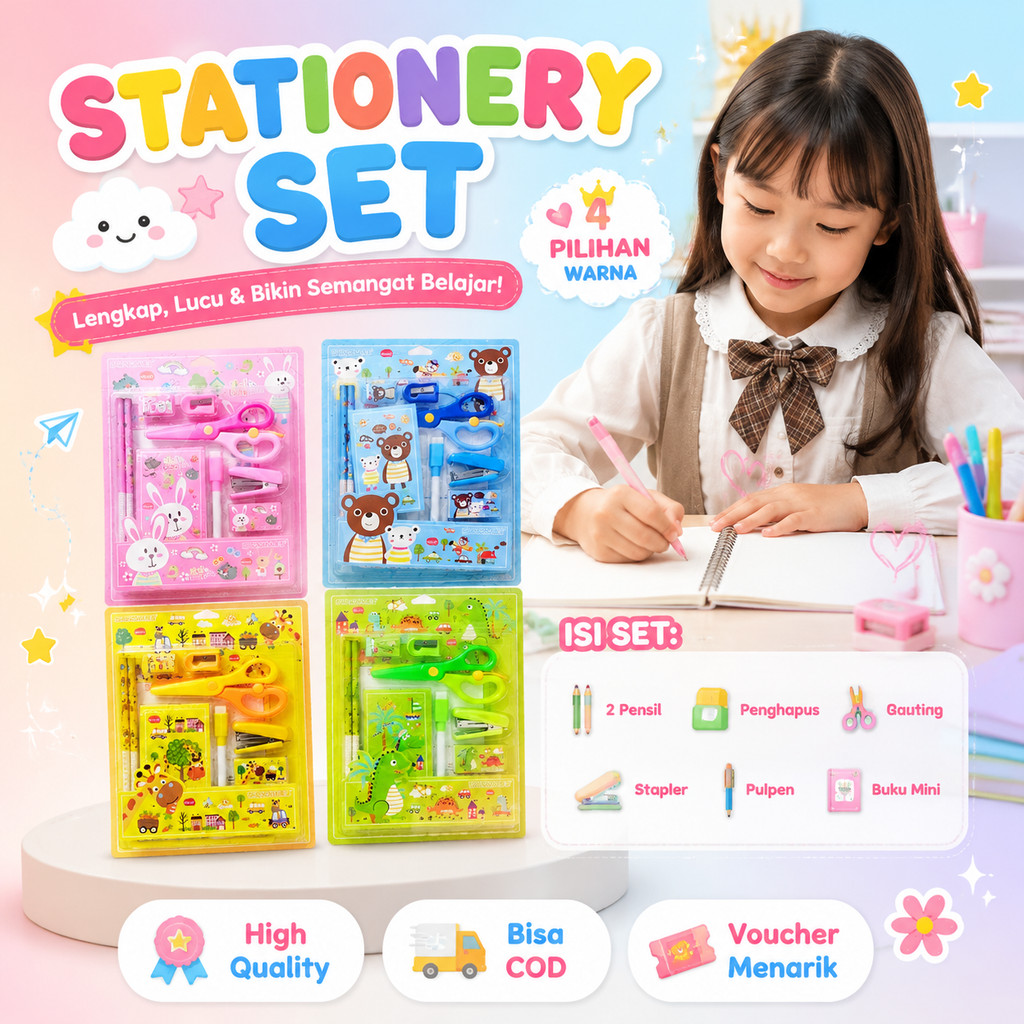 Paket Alat Tulis Anak 8in1 Karakter Lucu SM8861 Stationery Set Lengkap Pensil Rautan Penghapus Pengg