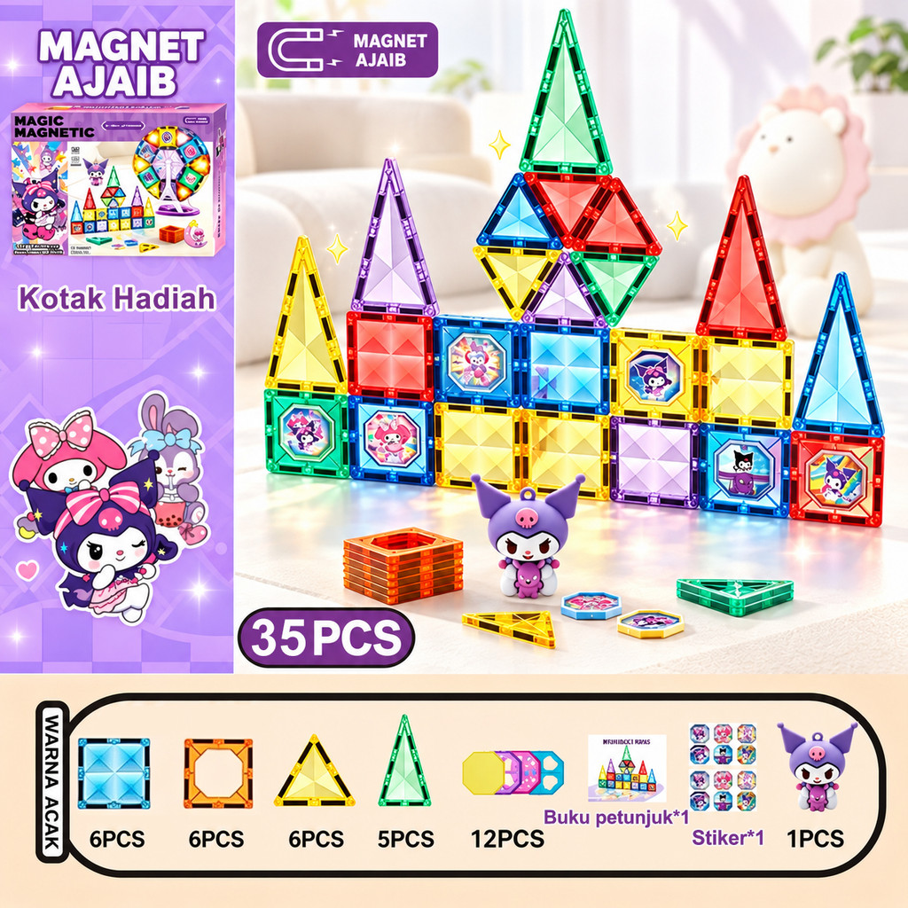 Magnetic Tiles 66 Pcs DIY 3D Magnet Tiles Mainan Balok Magnet Tile Edukasi