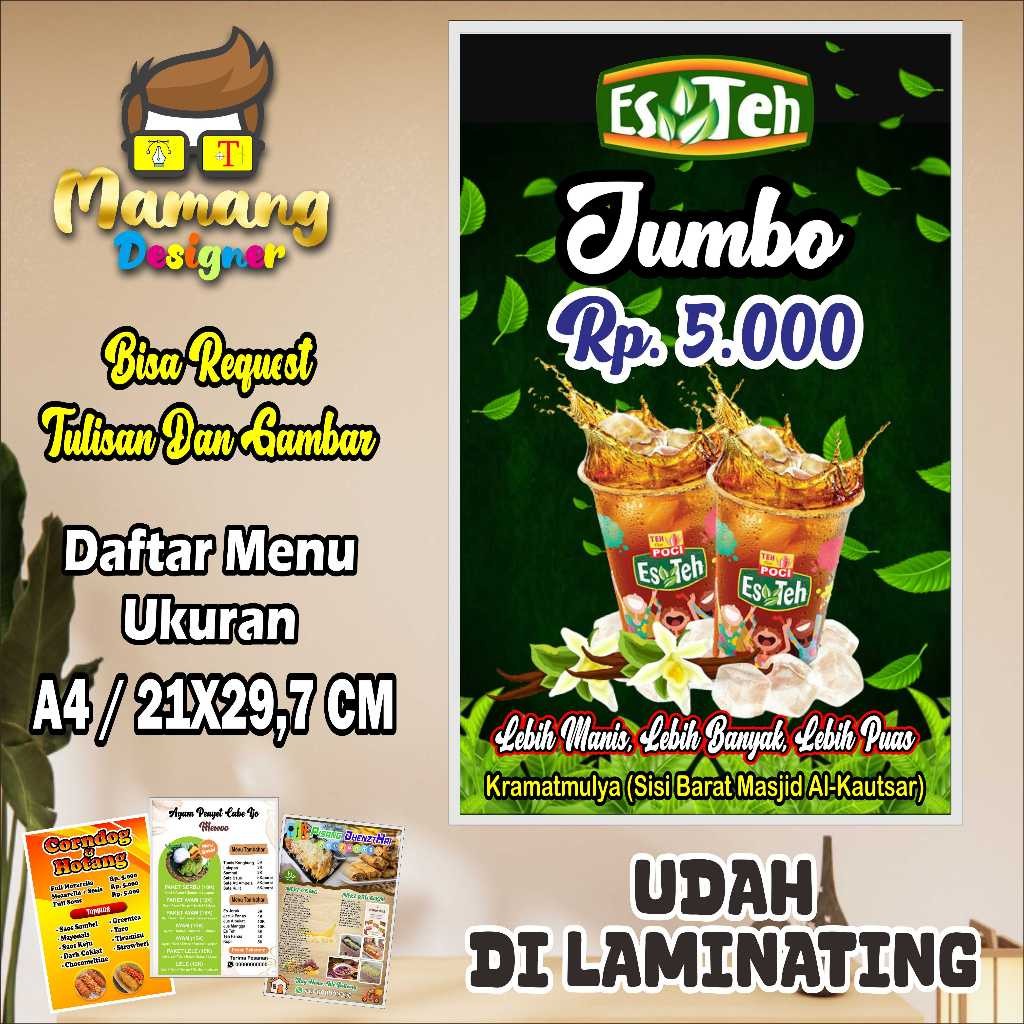 Cetak Poster Daftar Menu Minuman Es Teh Bahan Kuat