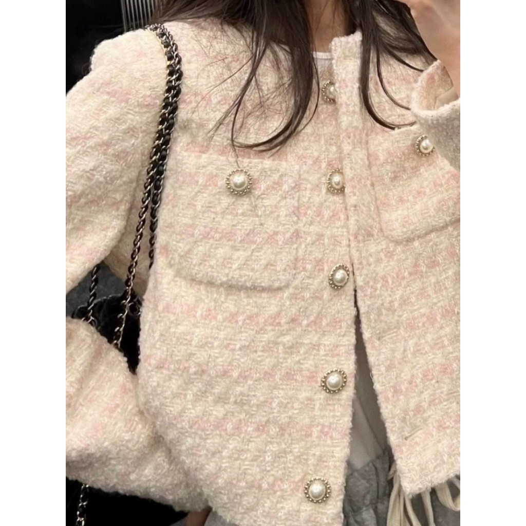 New Emita Bloom Tweed Blazer Crop Wanita Kekinian Atasan Outer Biru Muda Lengan Panjang Wanita