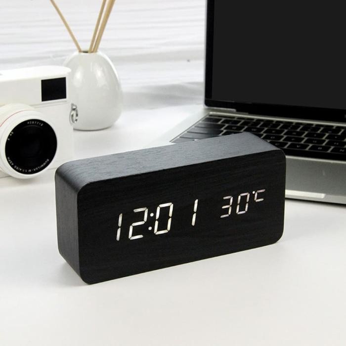Saji.ID | JD-03 Jam Meja Motif Kayu Digital Led Weker / Desain Wood Alarm LED - Hitam