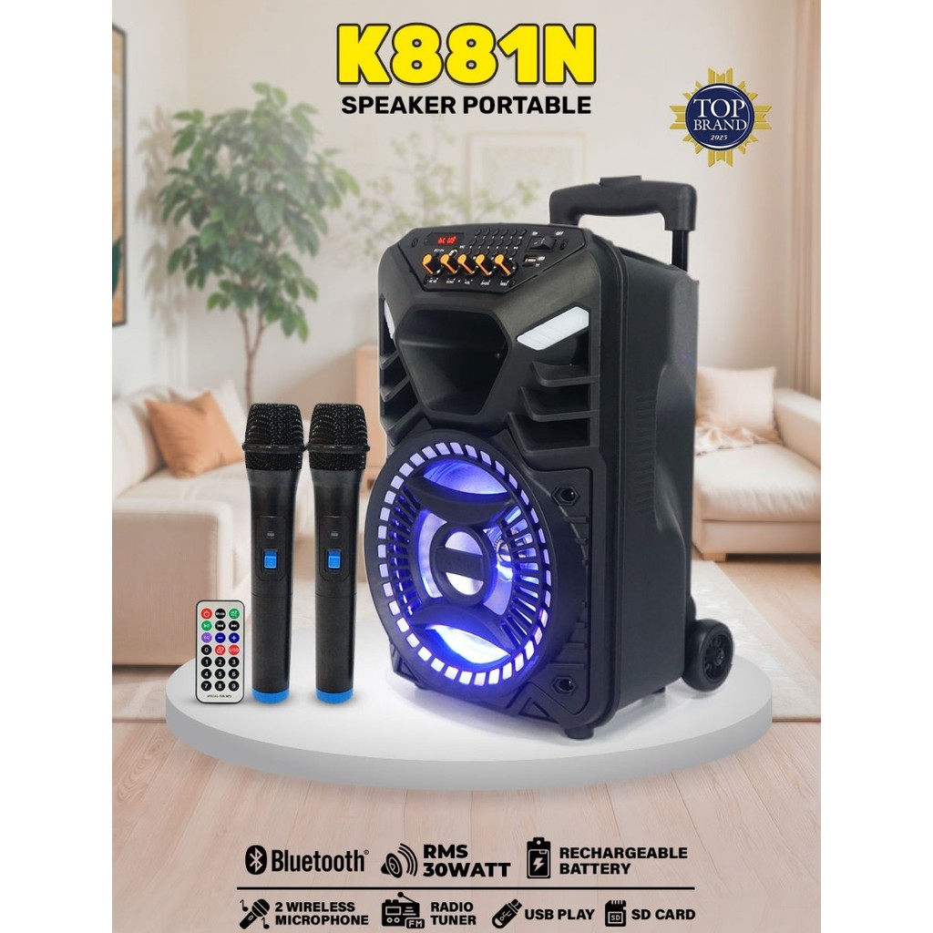 ADVANCE Speaker Bluetooth 8 inch Karaoke Portable K881N / K-881N Free 2 Mic Wireless