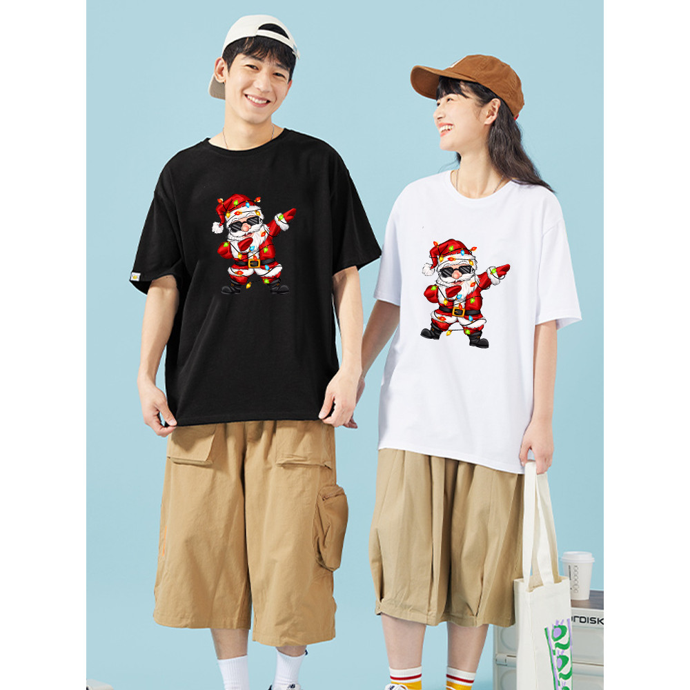 Citra Murni Kaos Lengan Pendek Unisex Merry Christmas  Katun pasangan kasual merah motif huruf Selam