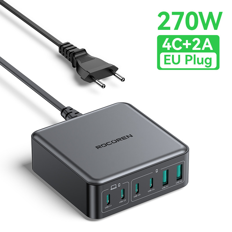 Rocoren 200W GaN Charger PD Fast Charging USB Type C Charger 270W 6 in 1 USBC Power Station For iPho