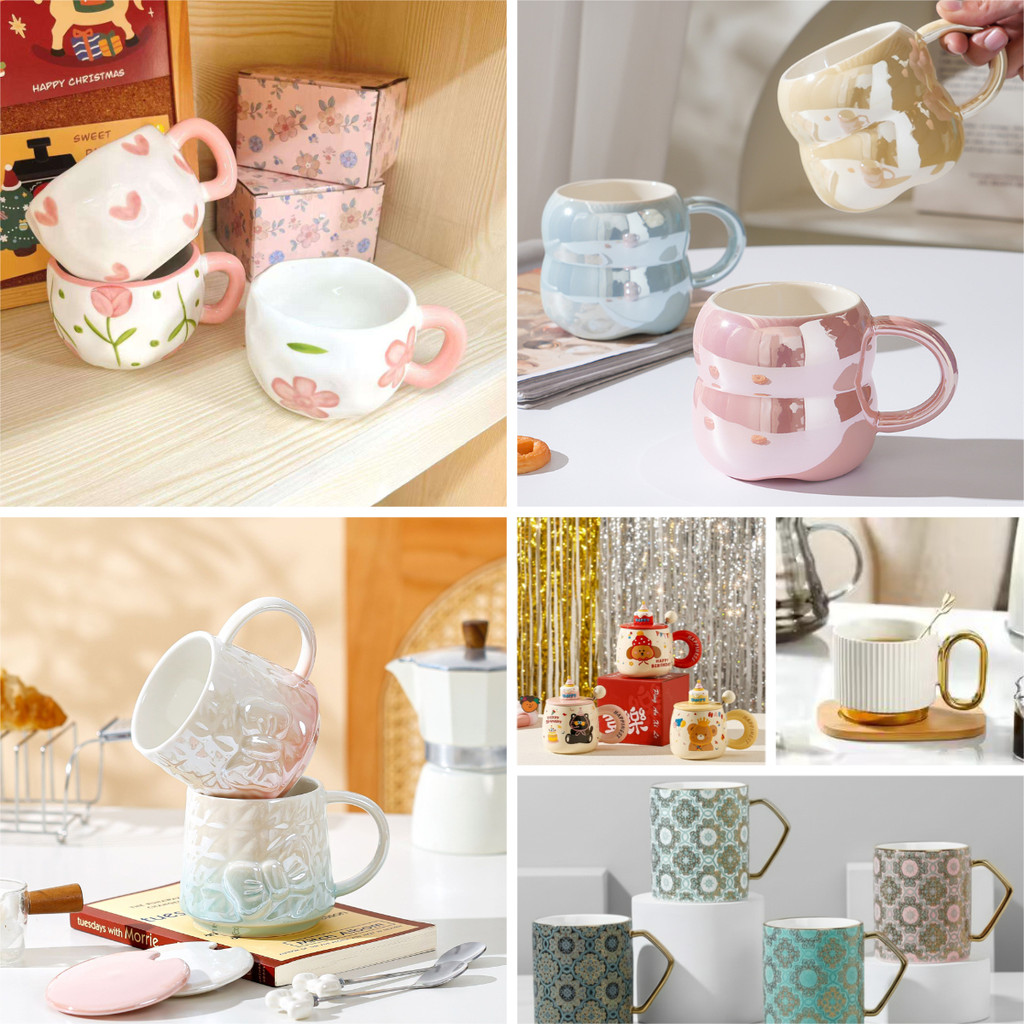 Cangkir Kopi Keramik Ulen Bergaya Korea / Gelas Keramik Cantik Motif Bunga / Gelas Keramik Polos Hit