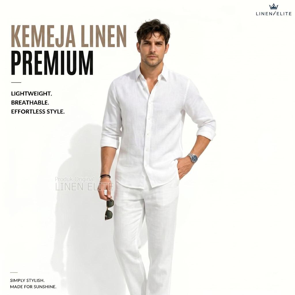 LINEN.ELITE Baju Kemaja Linen Pria Kerah Atasan Kemaja Katun Linen Putih Pria Dewasa Baju Casual For