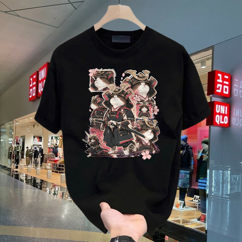 Kaos Pria Fit T Motif Kucing Samurai Jepang Dengan Armor Pedang Bunga Sakura Warna Hitam Pink Dan Be